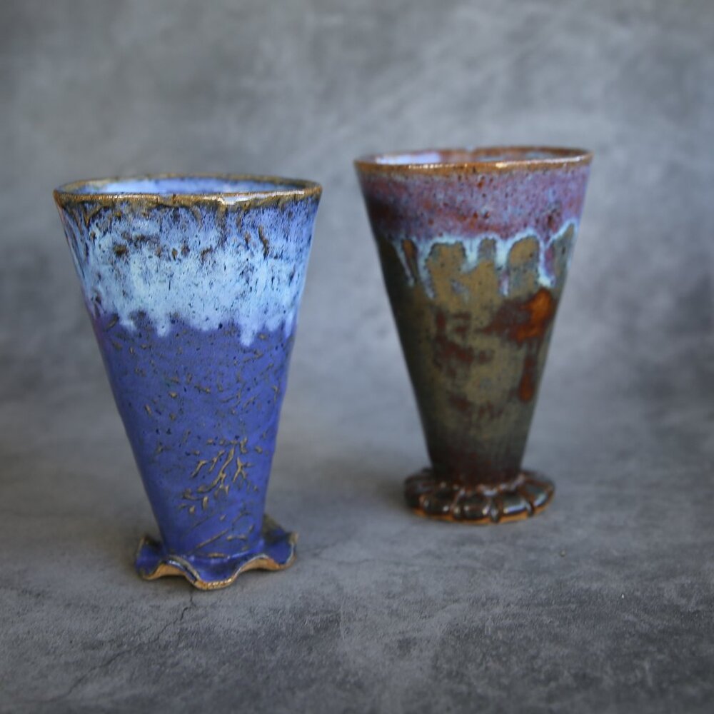 Set of Two Pottery Water Cups Vases Wine Goblets